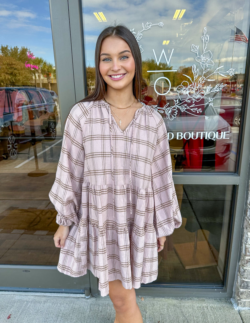 Long Sleeve Checkered Tiered Dress